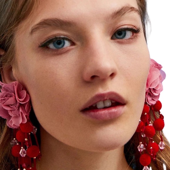 Boho Pink Rose Long Dangling Pom Pom Tassel Earrings - Picture 3 of 16